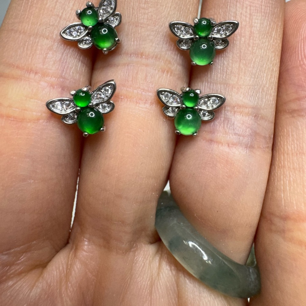 Elegant Green and Silver Bee Earrings